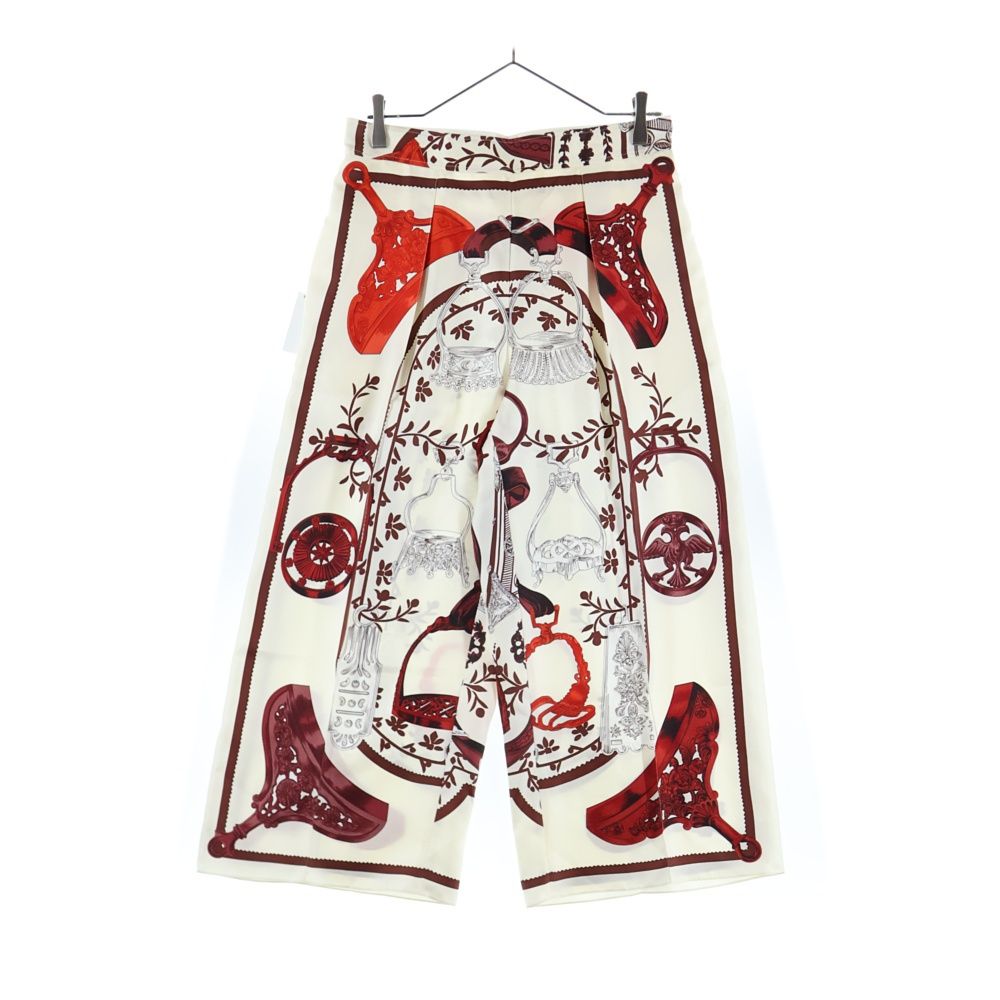 HERMES エルメス 24 SS ツイルレーヌ 総柄プリント シルク スカーフ ワイドパンツ アイボリー ブラウン レディース