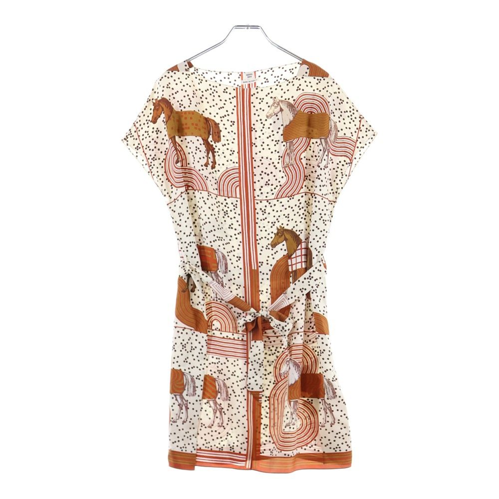 HERMES 動物柄ノースリーブワンピース ベージュ HERMES (エルメス) ガルド ローブ ポップ 馬 総柄プリント シルク