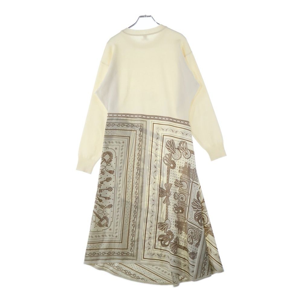 HERMES エルメス ペイズリー バンダナ柄 シルク スカーフ 切り替え ニット クルーネック ロングスリーブ 長袖ロング フ ワンピース ベージュ レディース