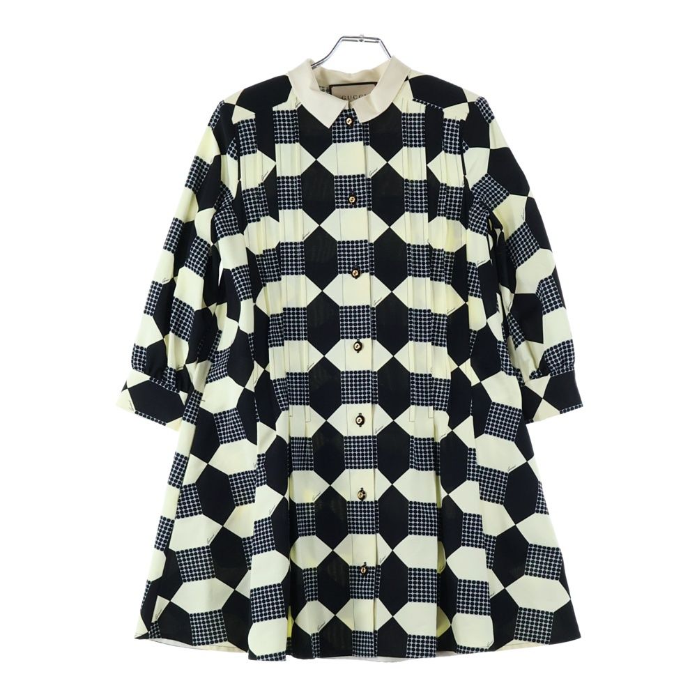 GUCCI グッチ オプティカル シルク プリーツ ワンピース ホワイト ブラック 681386 ZAH41