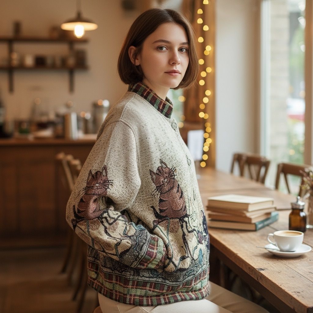 90s USA製 SUGAR STREET WEAVERS ゴブラン カーディガン 猫 ネコ ねこ