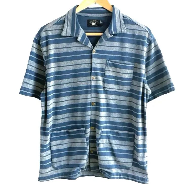 RRL ダブルアールエル ラルフローレン 開襟 オープン インディゴ ストライプド ジャージー キャンプシャツ S