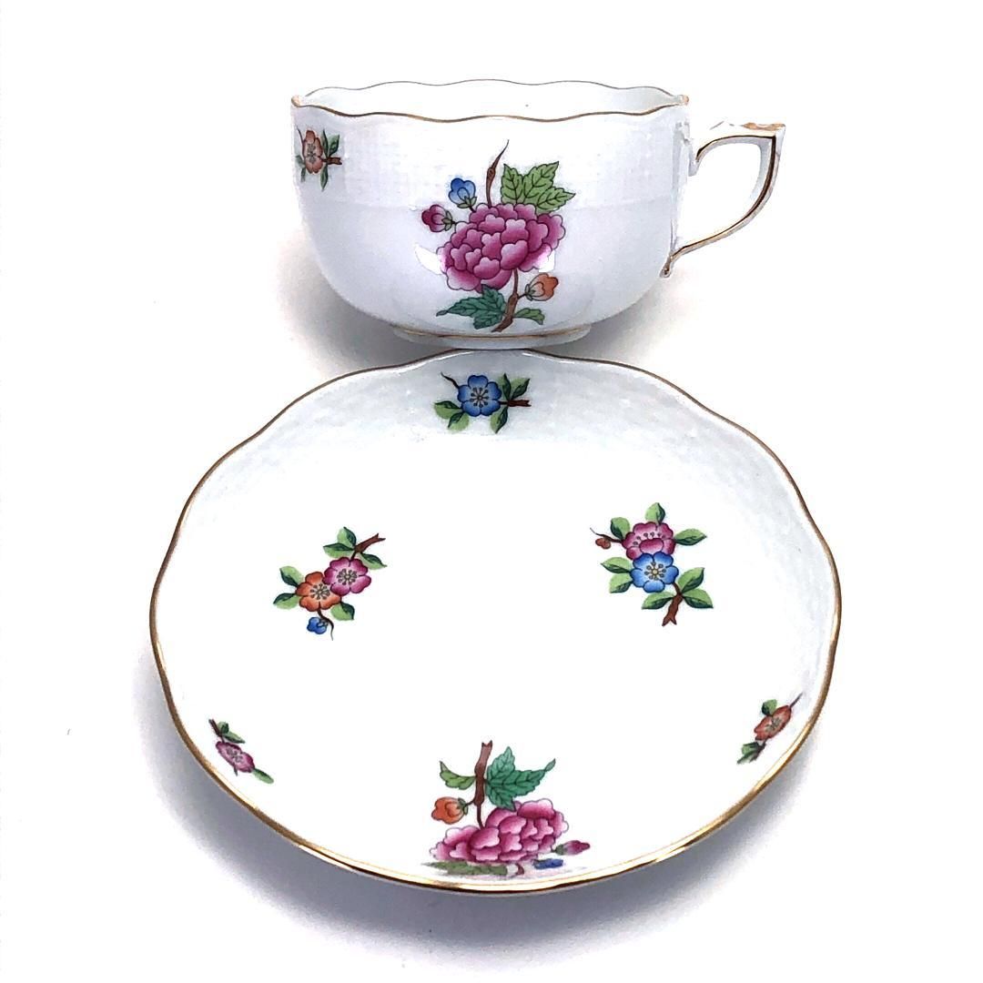 Herend ヘレンド ETON イートン ティー カップ ソーサー 金彩 花 フローラル 陶器 ホワイト マルチ