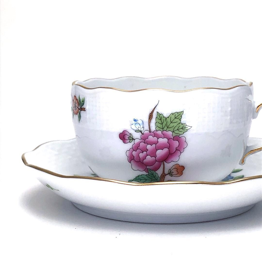Herend ヘレンド ETON イートン ティー カップ-ソーサー 金彩 花 フローラル 陶器 ホワイト マルチ