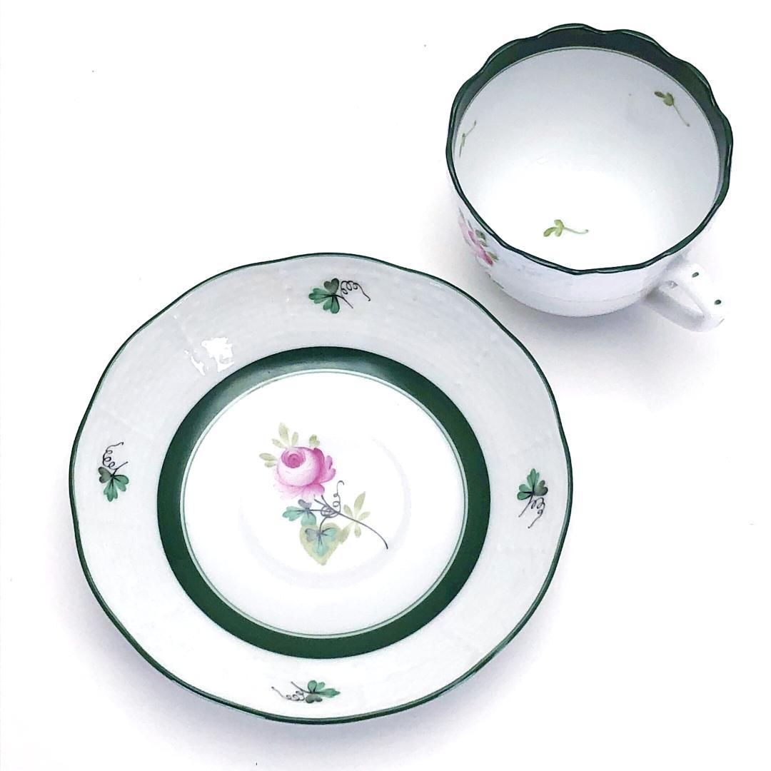  Herend ヘレンド ウィーンの デミタス カップ-ソーサー デザート用ミニ皿 セット 陶器 ホワイト グリーン カップ ソーサー コーヒー ティーカップ