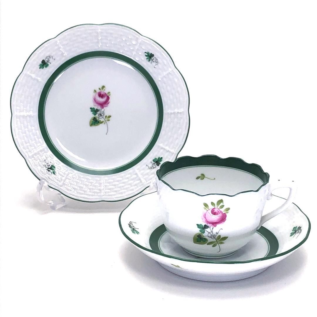 Herend ヘレンド ウィーンのバラ デミタス カップ-ソーサー デザート用ミニ皿 セット 陶器 ホワイト グリーン