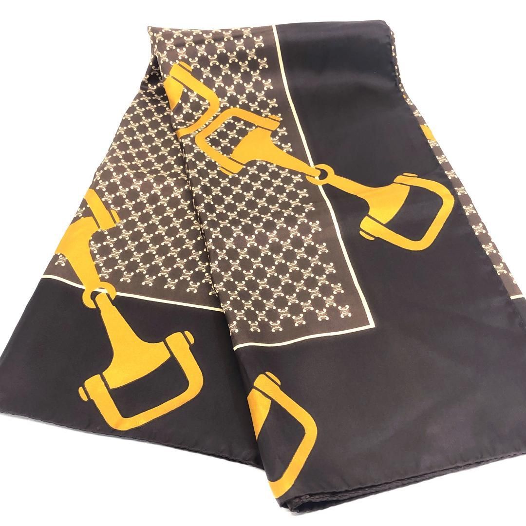 CELINE セリーヌ 馬具 マカダム柄 スカーフ 材質不明 ダークブラウン イエロー