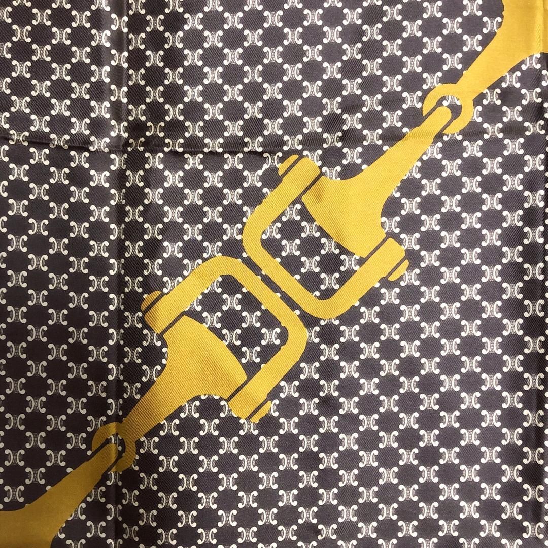 CELINE セリーヌ 馬具 マカダム柄 スカーフ 材質不明 ダークブラウン イエロー