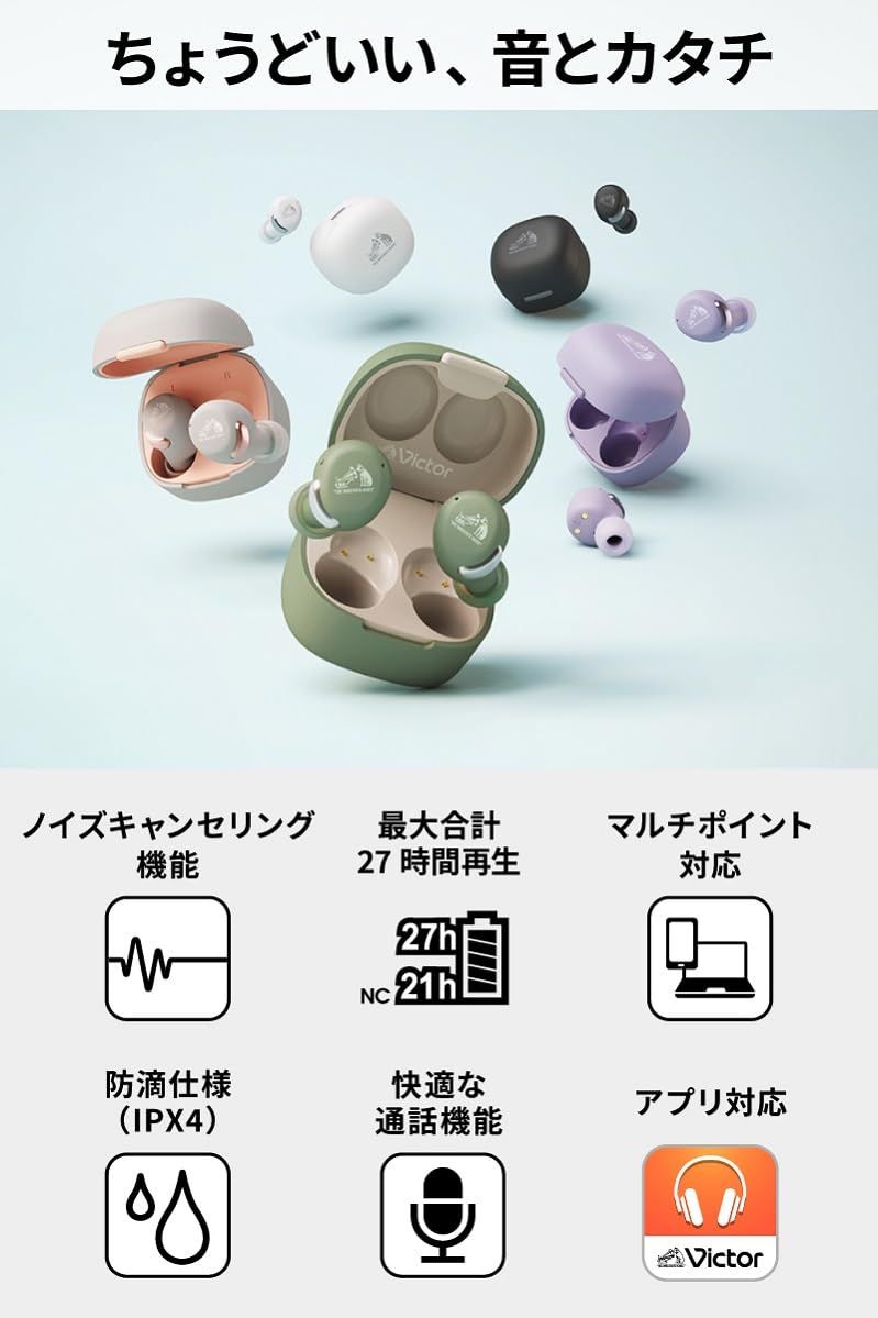 JVCケンウッド Victor HA-A30T2-W ワイヤレスイヤホン Bluetooth Ver.5.3 ノイズキャンセリング アプリ対応 マルチポイント 合計27時間再生 マイク付き 小型 軽量 外音取り込み 防水 ホワイト