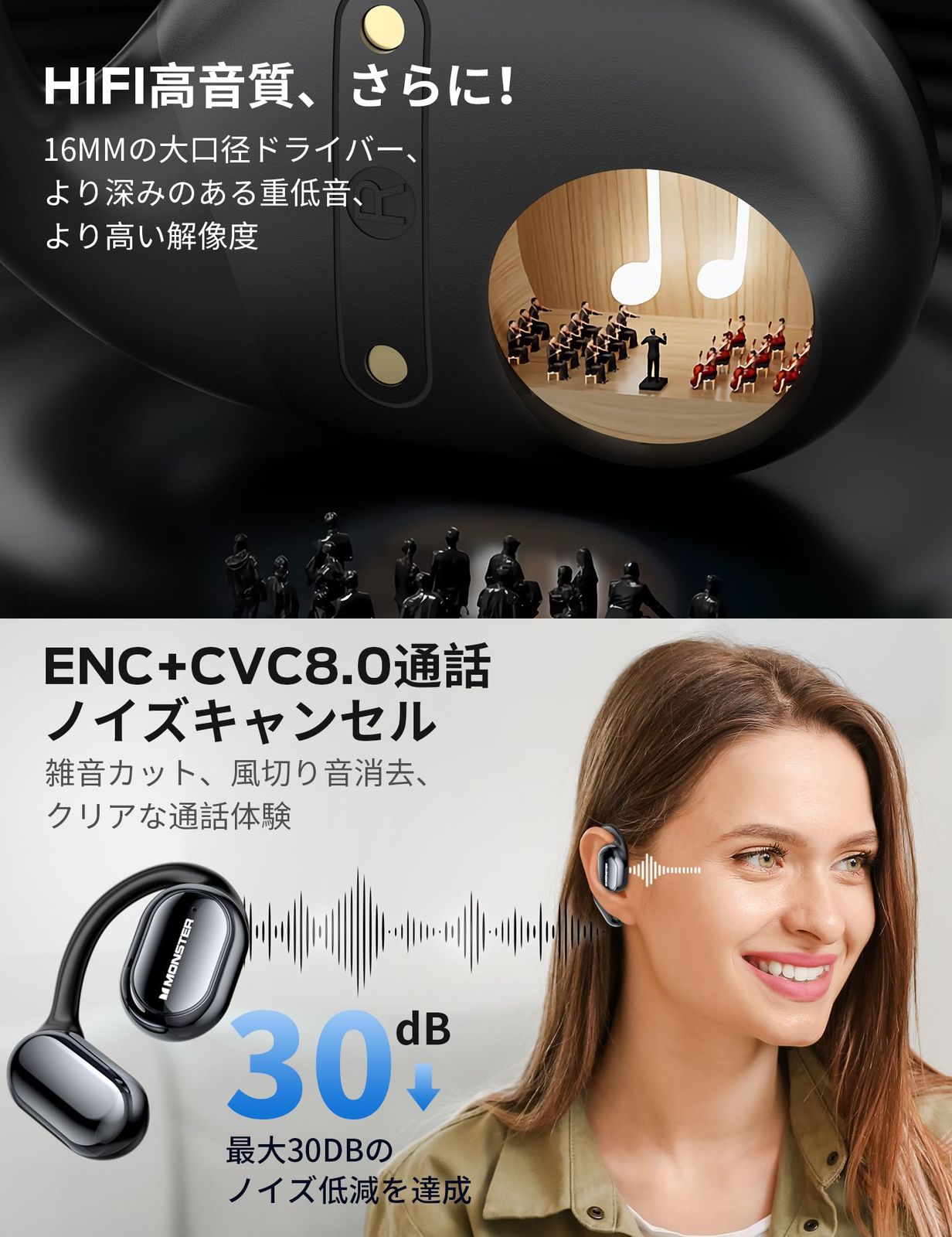  革新的な聴覚体験 オープンイヤホン Monster 完全オープンイヤー ワイヤレスイヤホン Bluetooth 耳掛け式 みみをふさがない 空気伝導 5.4 EDR技術 自動ペアリング ブルートゥースイヤホン 16 mmの大口径ドラ ワイヤレスヘッドホン ヘッドホン