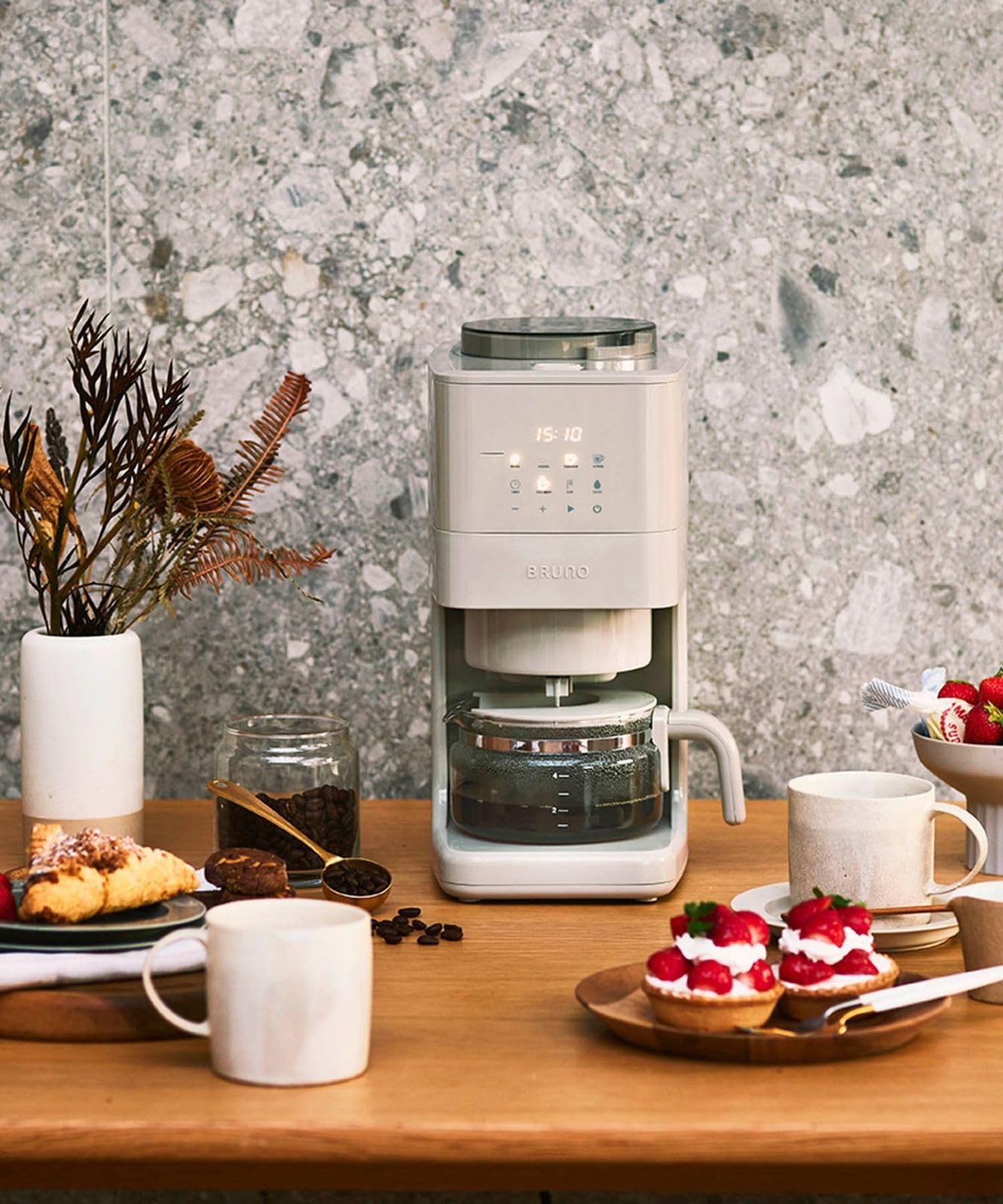 BRUNO ブルーノ コーヒーメーカー 全自動 コーン式 ミル付き 豆 粉対応 3段階 挽き目調整 濃度調整 グレージュ BOE 144-GRG