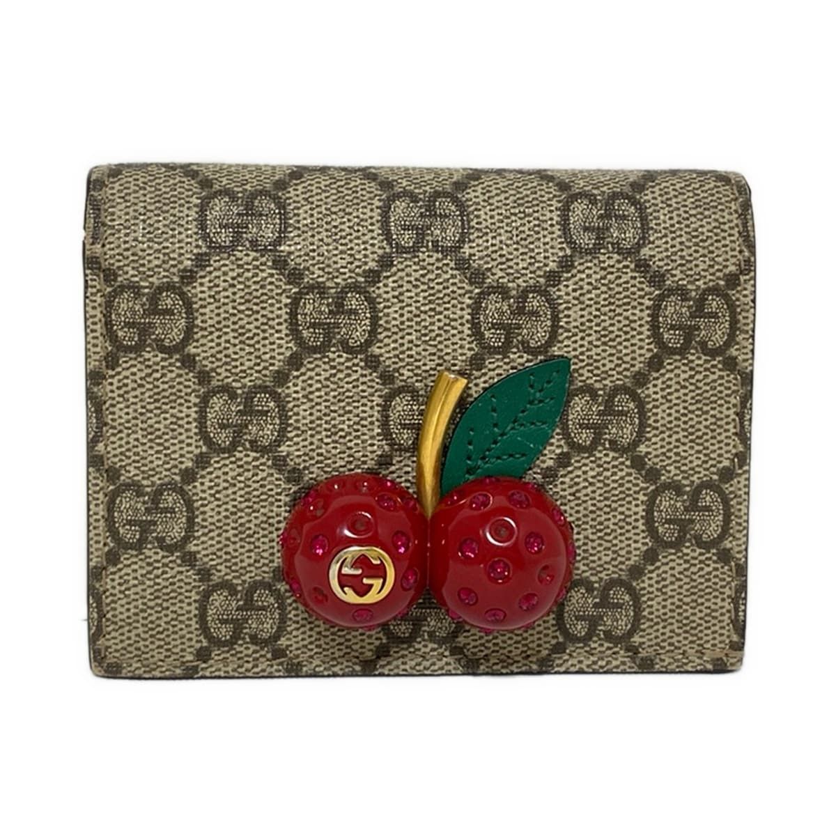 GUCCI グッチ 2つ折り財布 チェリー GGプラス GGスプリーム 476050 ベージュ ダークブラウン マルチ レザー