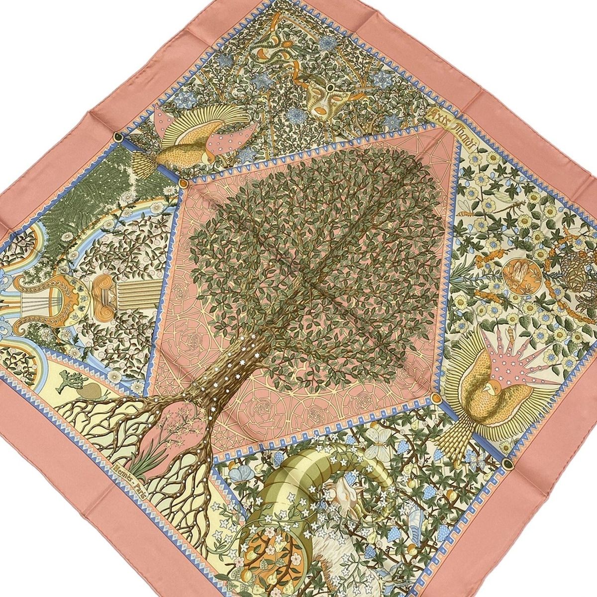 HERMES エルメス スカーフ カレ90 ピンクベージュ×アイボリー×マルチ Axis Mundi