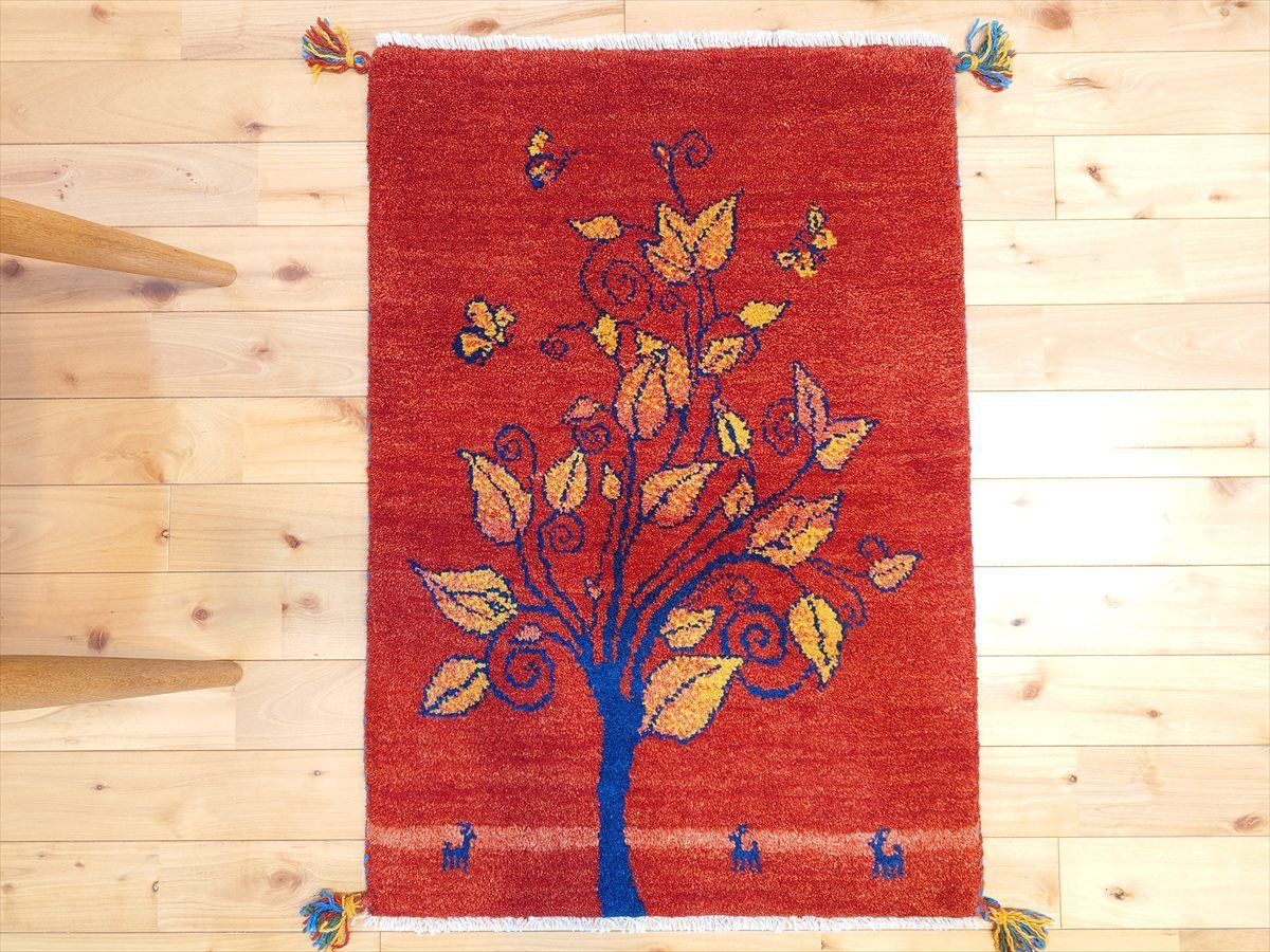 ペルシャ ギャッベ 玄関マット ラグ 90 x 62㎝ 茜色 蝶 生命の木 RJ 12512