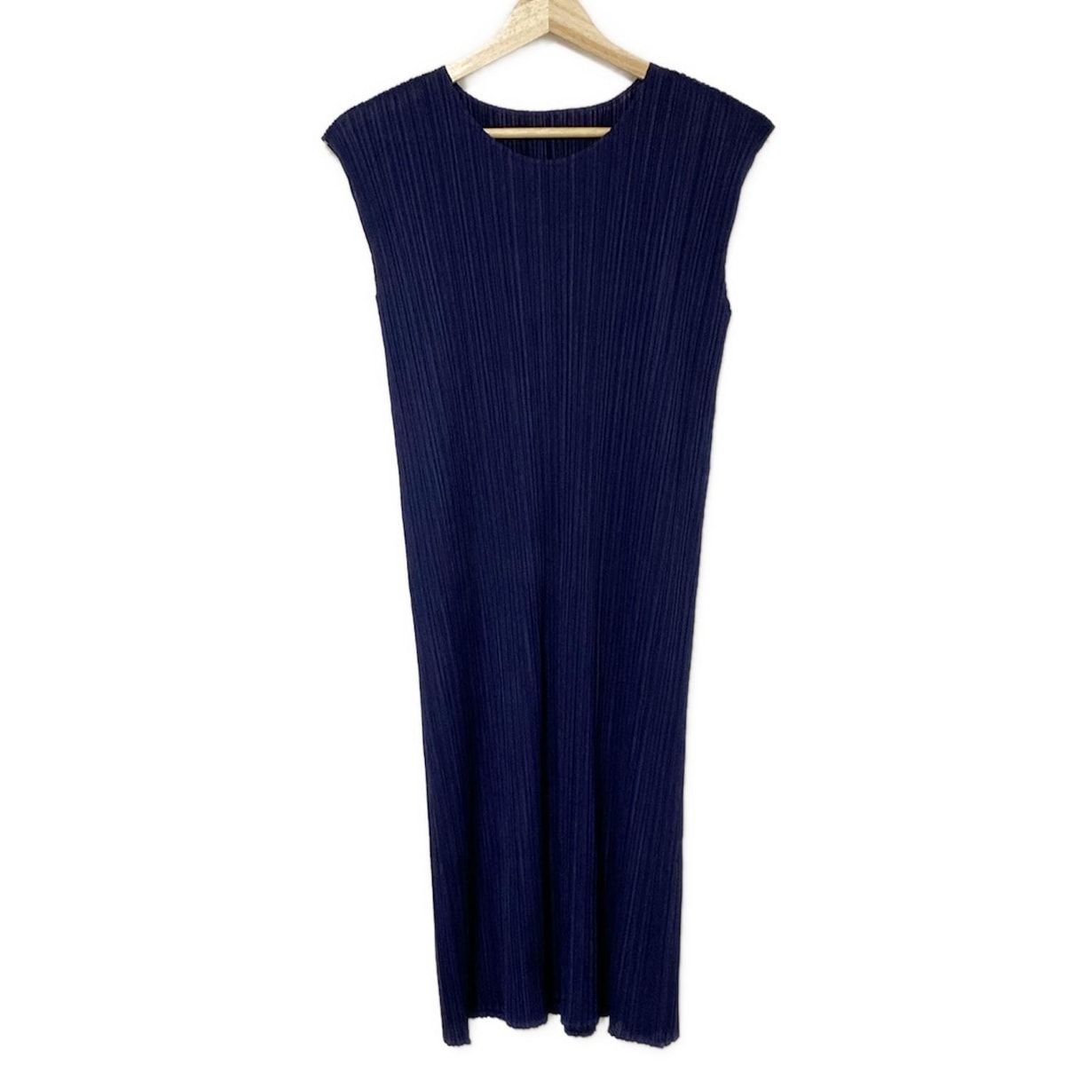 PLEATS PLEASE(プリーツプリーズ) ワンピース サイズ2 M レディース美品 - ダークネイビー クルーネック/半袖/ひざ丈/プリーツ
