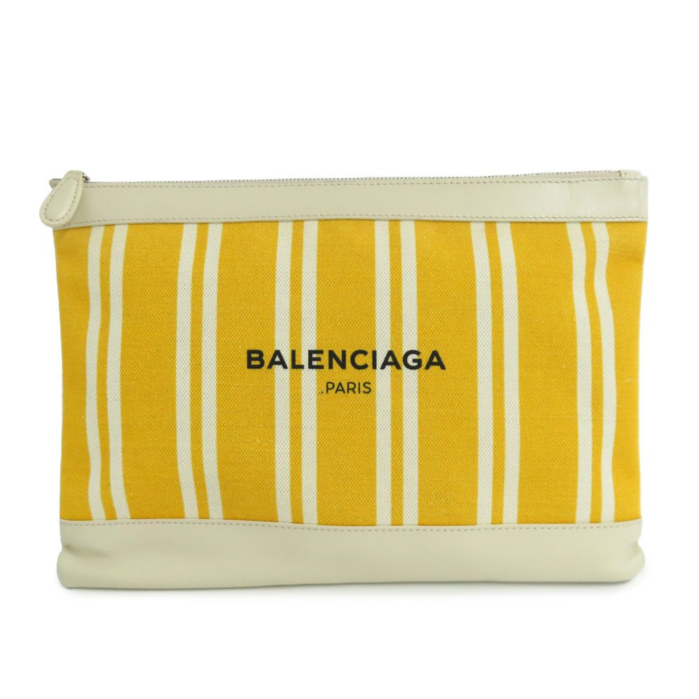 名古屋 バレンシアガ ネイビークリップ M 420407 クラッチバッグ イエロー アイボリー レザー キャンバス ストライプ