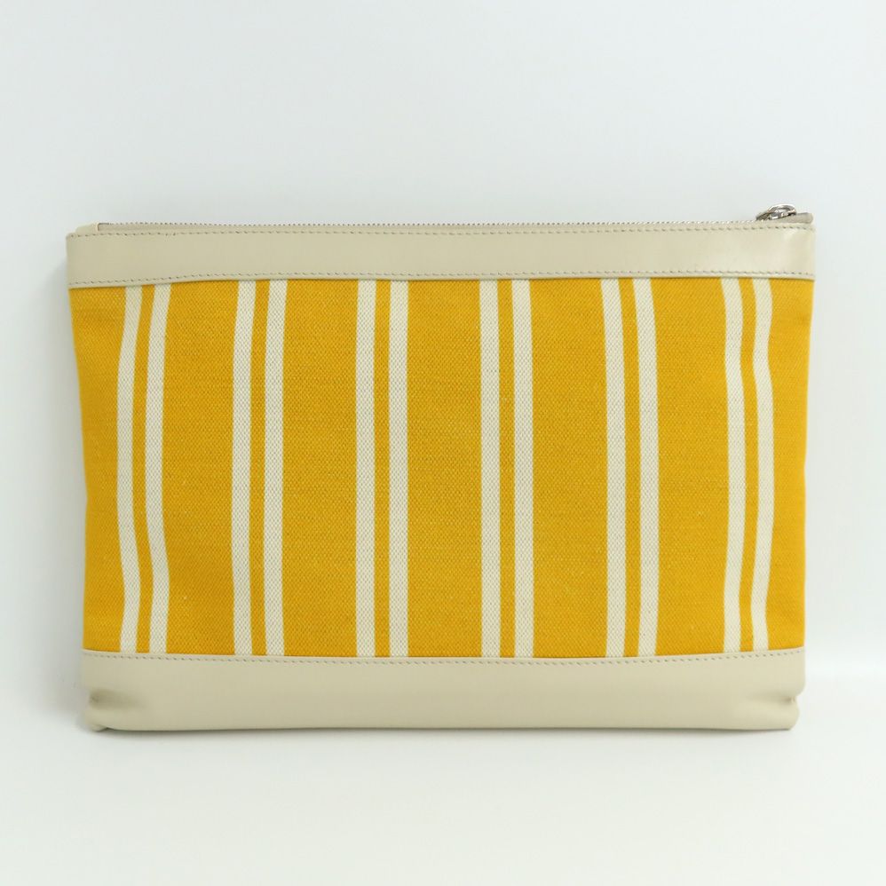 名古屋 バレンシアガ ネイビークリップ M 420407 クラッチバッグ イエロー アイボリー レザー キャンバス ストライプ