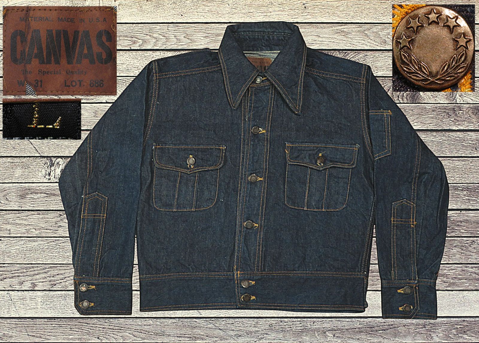 ✅️ Lサイズ CANVAS キャンバス USA生地使用 MATERIAL USA ジャパン ビンテージ 70s頃 686 デニムジャケット Gジャン 5スターボタン 2つポケット セカンド