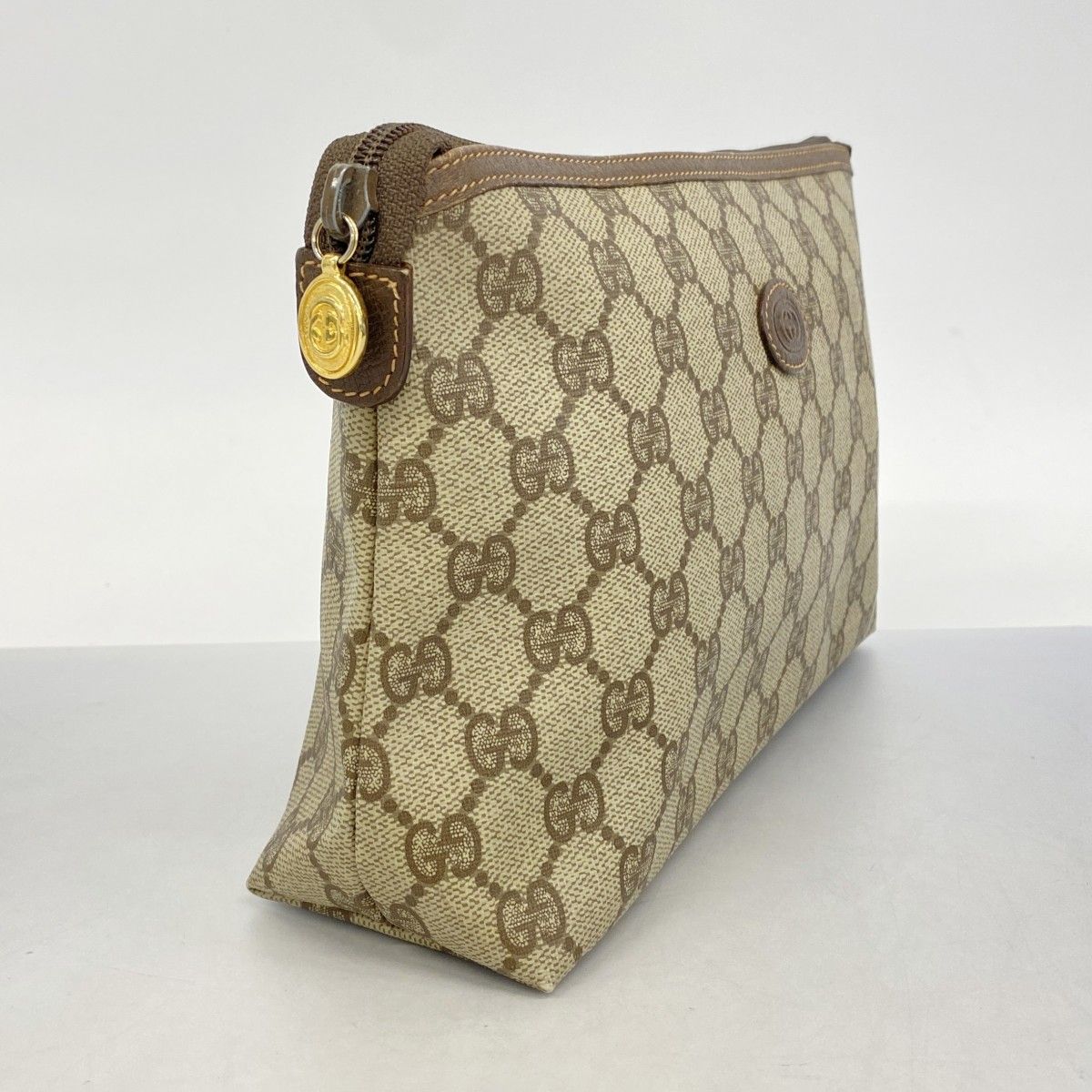 5me5558 グッチ ポーチ GGスプリーム 156 01 045 PVC ブラウン ゴールド金具 レディース