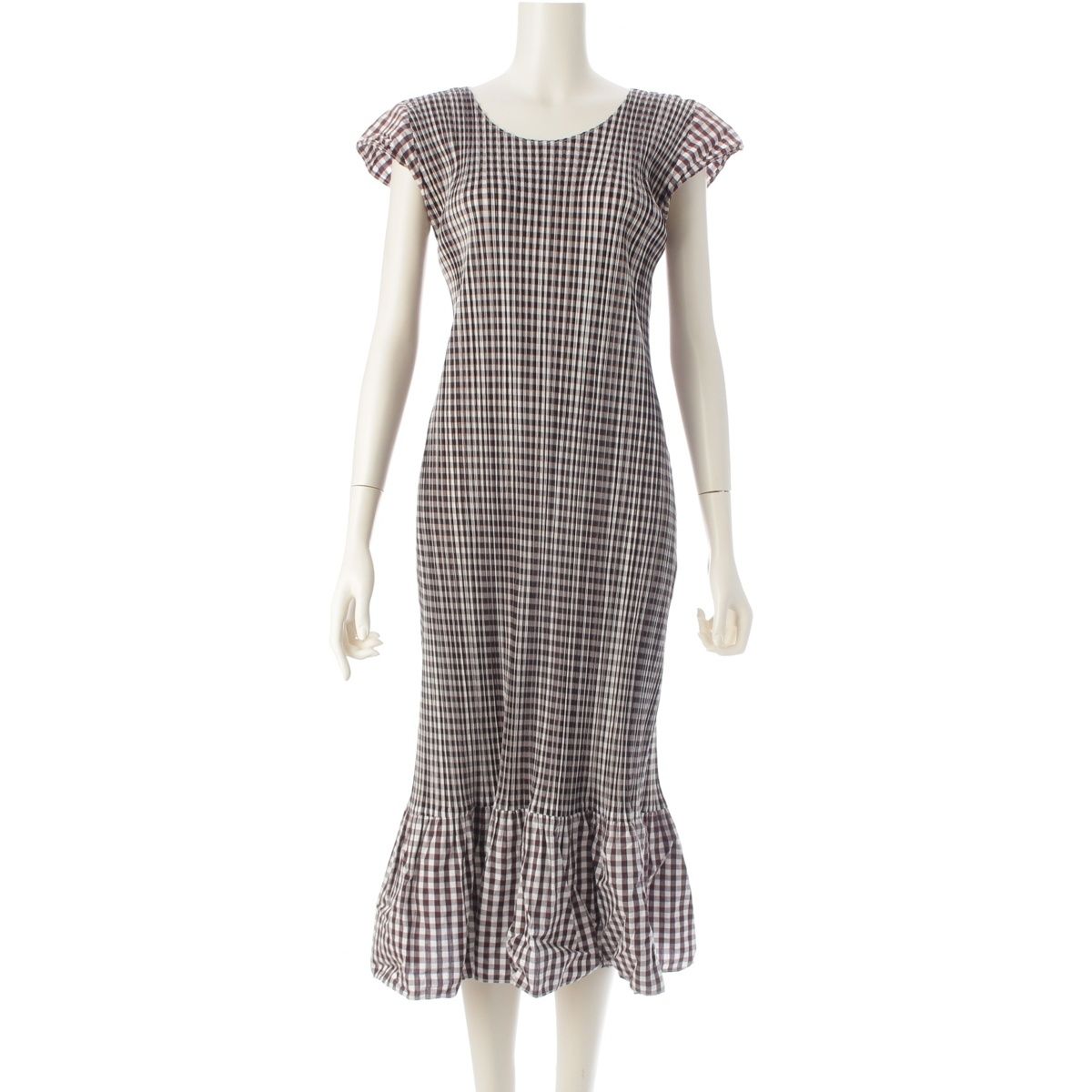 プリーツプリーズ イッセイミヤケ ギンガムチェック 切替 フレンチスリーブ ワンピース ドレス PP41-JH776 ブラック×ブラウン×ホワイト 2