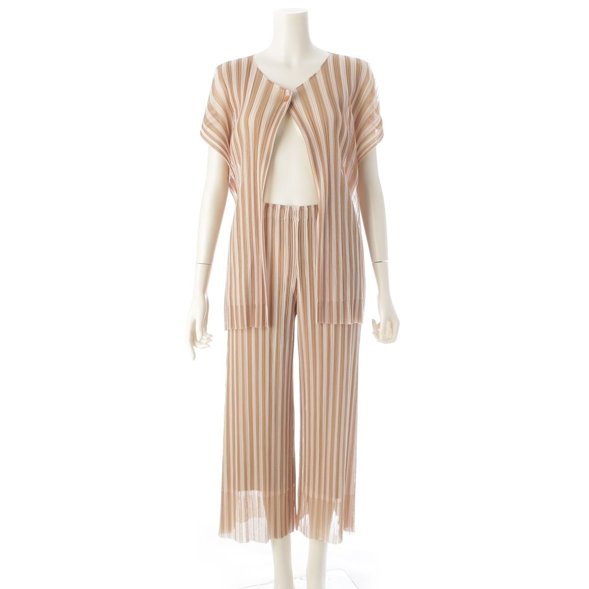 プリーツプリーズ イッセイミヤケ ストライプ シアー ドッキング トップス パンツセットアップ PP41-JE671 PP41-JF672 ベージュ 2