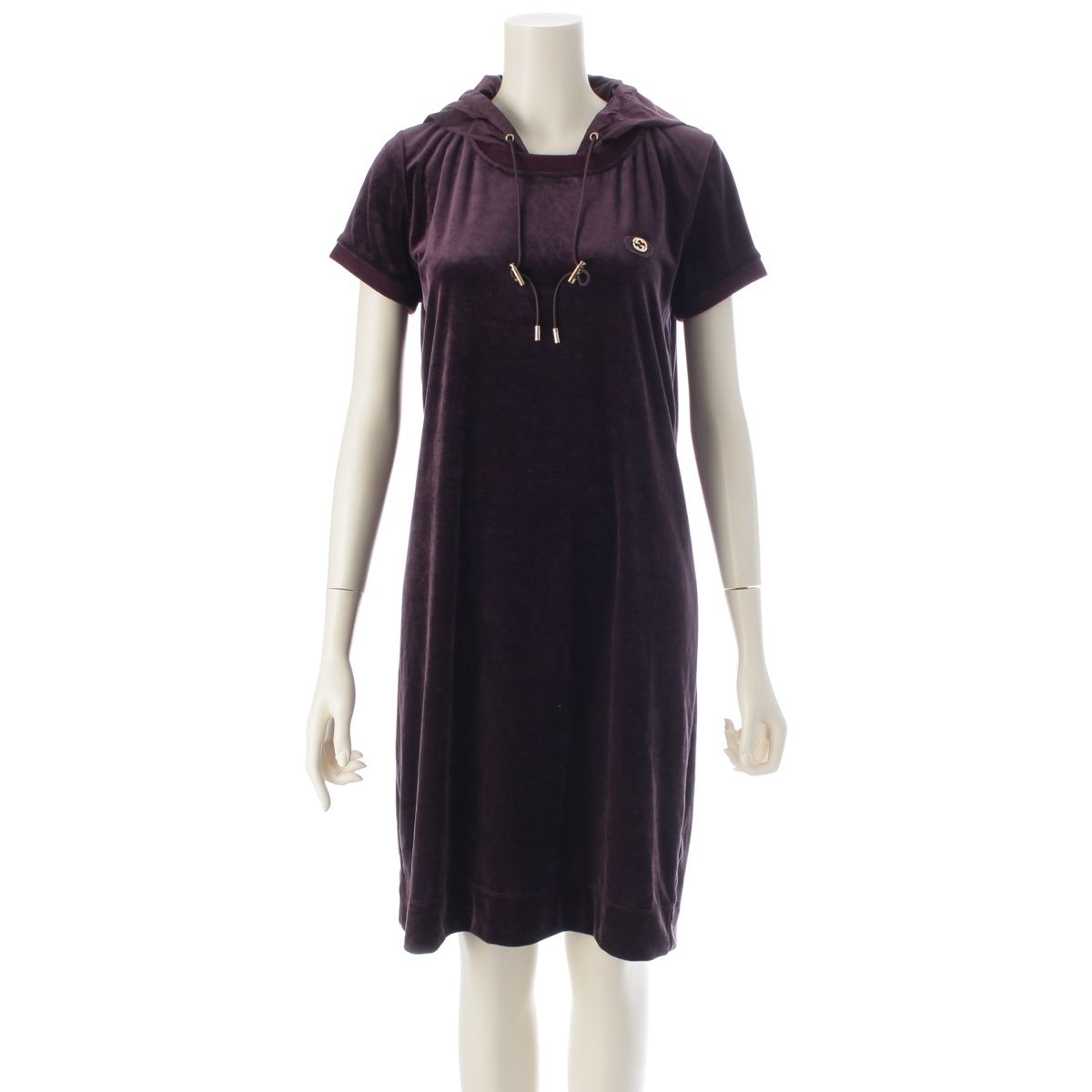 グッチ GGワンポイント フーテッド ベロア 半袖 ワンピース ドレス パープル系 L