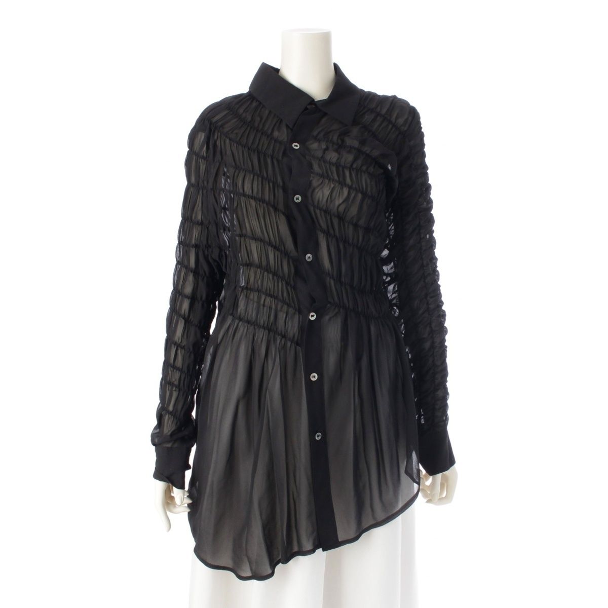 コムデギャルソン AD2016 アシンメトリー ギャザー シアー素材 ロングシャツ ワンピース GR-B016 ブラック S