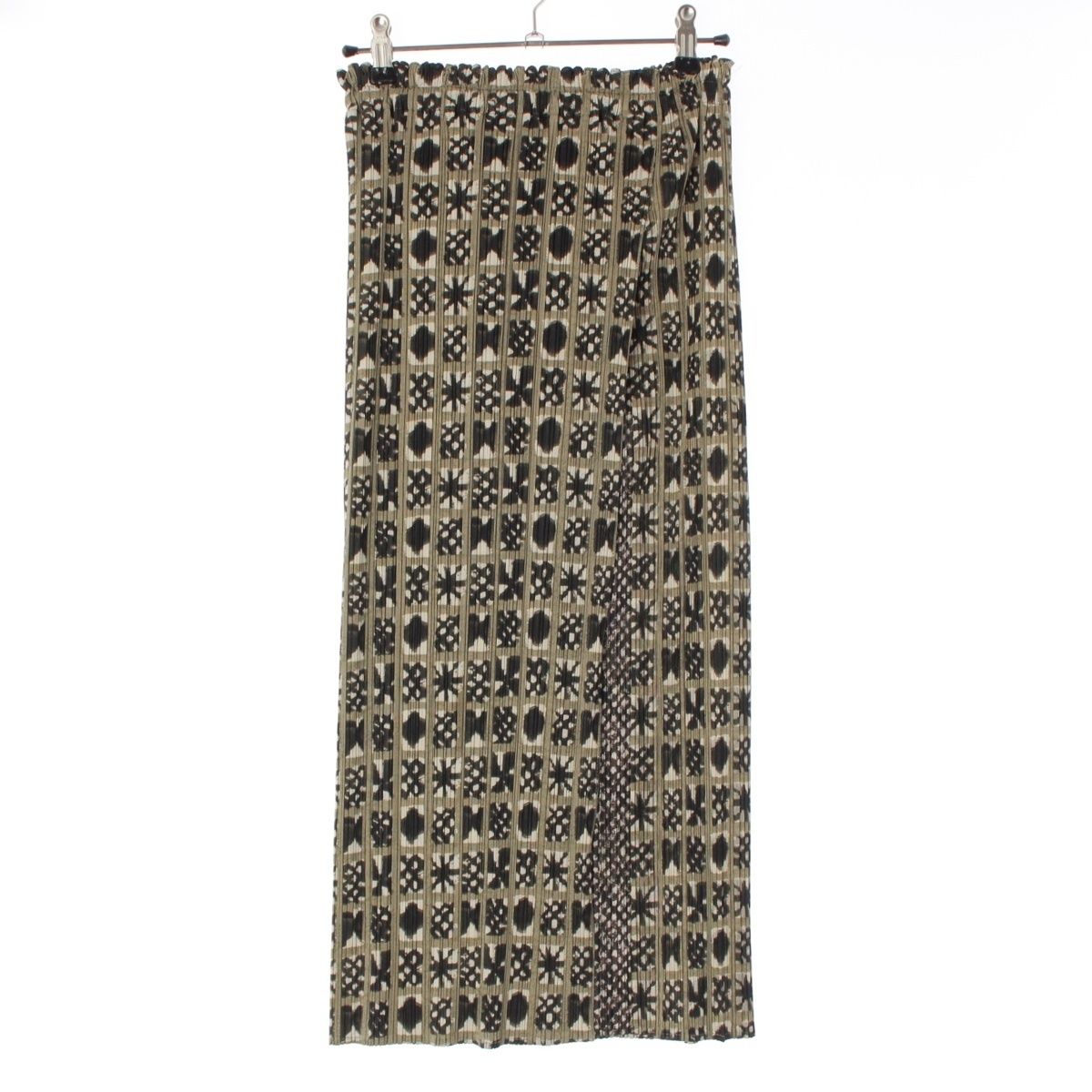 プリーツプリーズ イッセイミヤケ 幾何学柄 スリット タイト ロング スカート ボトムス PP94-JG605 カーキ系 2