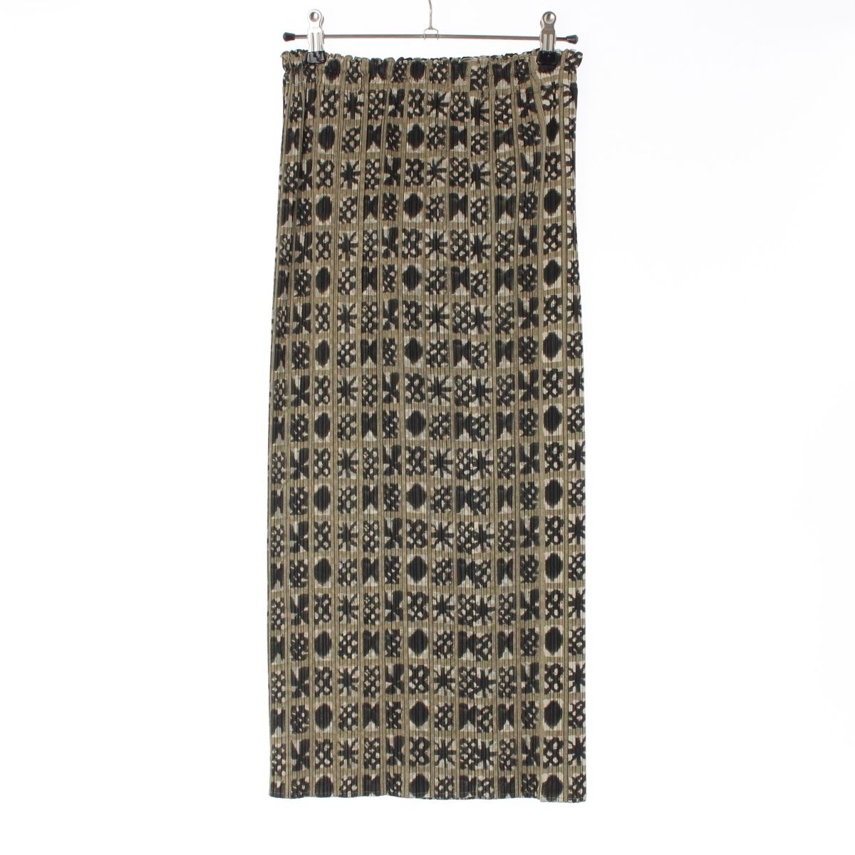 プリーツプリーズ イッセイミヤケ 幾何学柄 スリット タイト ロング スカート ボトムス PP94-JG605 カーキ系 2