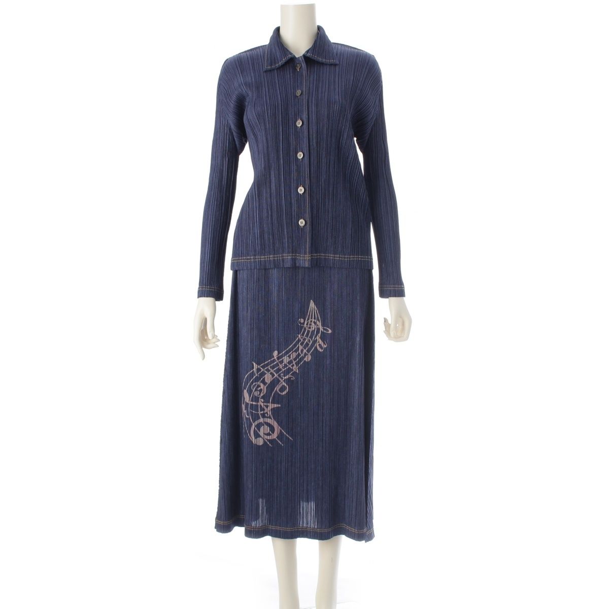 プリーツプリーズ イッセイミヤケ デニム転写 音符 ジャケット スカートセットアップ PP81-JJ533 PP81-JG534 インディゴ 4
