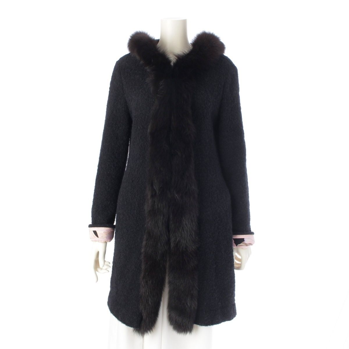 レオナール ファッション アルパカ×ウール フォックスファー フード ガウン コート カーディガン アウター 0347729 ブラック 40