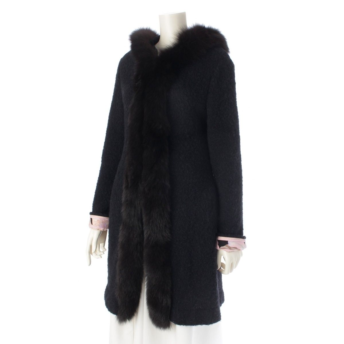 レオナール ファッション アルパカ×ウール フォックスファー フード ガウン コート カーディガン アウター 0347729 ブラック 40