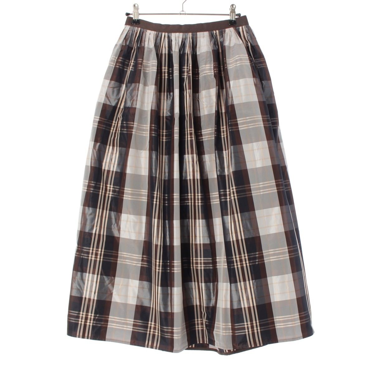 ドゥロワー 23AW シルク混 チェック タック ロング スカート ボトムス 6524-299-1775 ブラウン系 マルチ 38