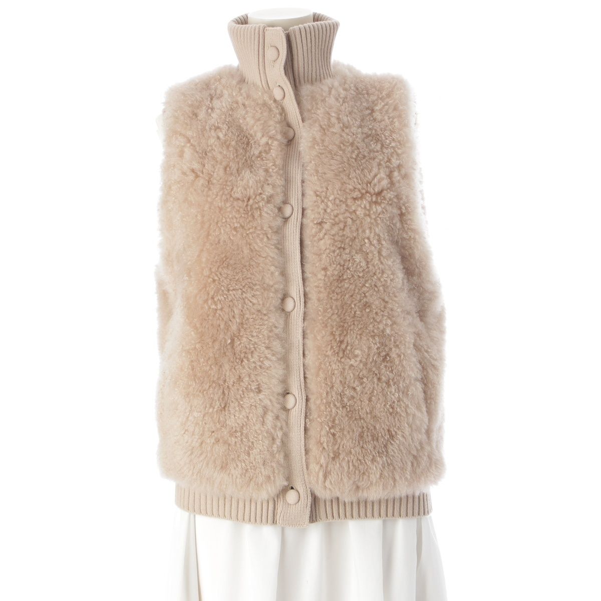 イヴサロモン 羊毛 シープ ファー ニット 切替 ハイネック ベスト ジレ ジャケット アウター ベージュ 38