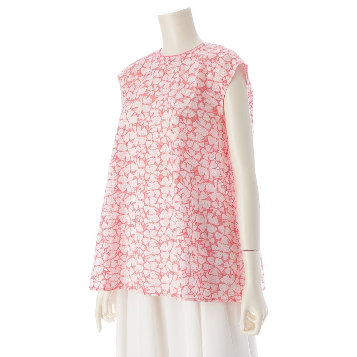 ドゥロワー コットン フラワー エンブロイダリー レース 刺繍 ノースリーブ ブラウス トップス 6521-299-0987 ホワイト ピンク 36