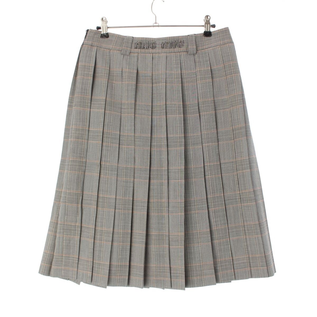 ミュウミュウ 23SS ウール ロゴ チェック プリーツ スカート ボトムス MG2052 アイボリー グレー系 38