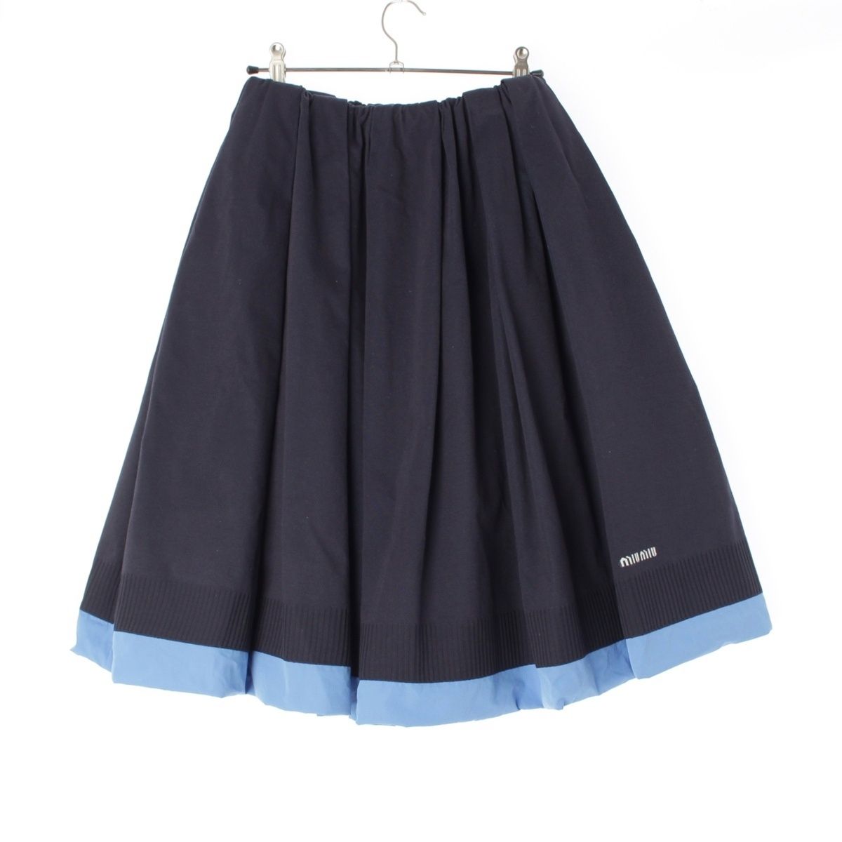 ミュウミュウ 24AW コットン シルクタフタ プリーツ ポプリン 切り返し スカート MG2318 ネイビー ブルー 40