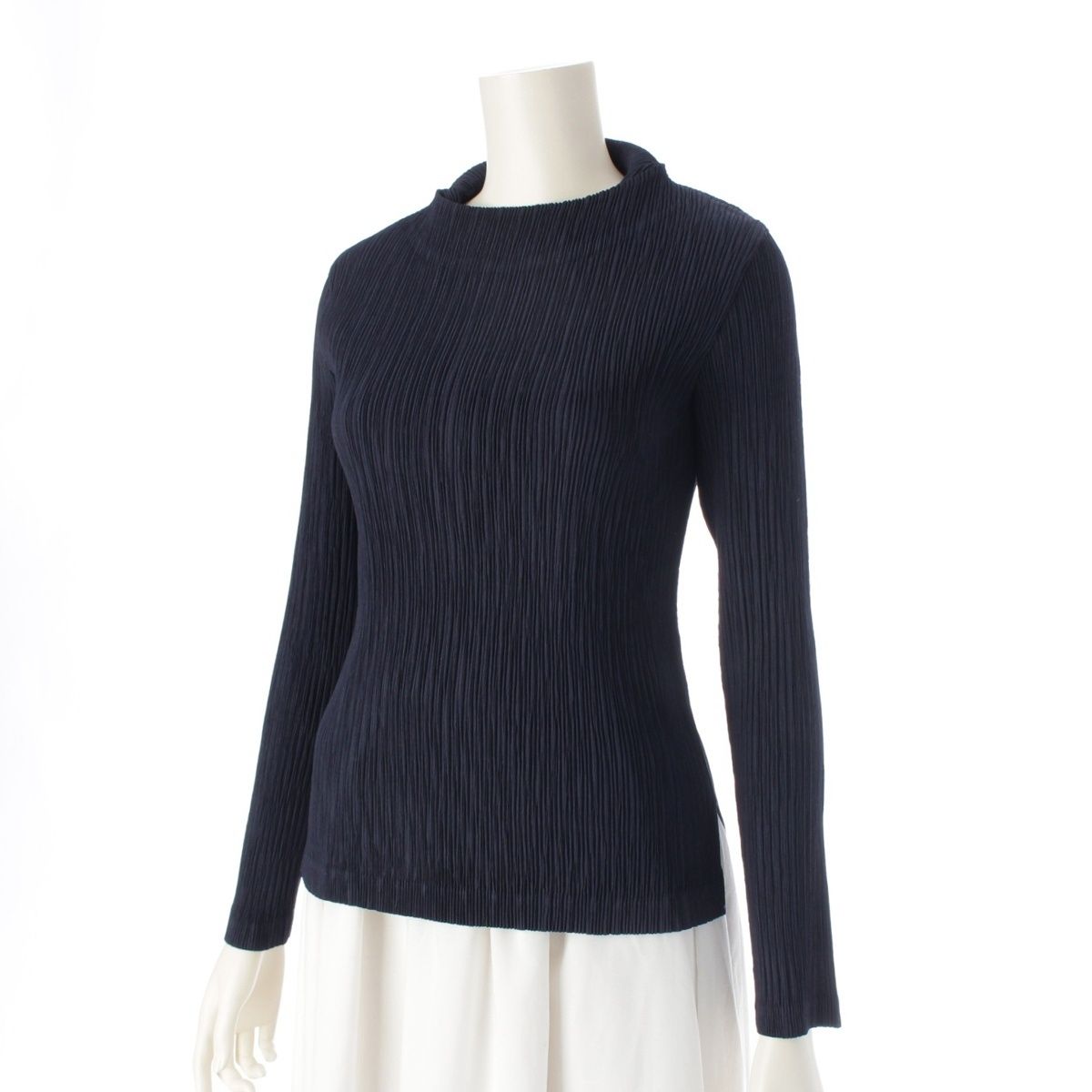 イッセイミヤケ ラウンドネック プリーツ カットソー 長袖 ネイビー 2