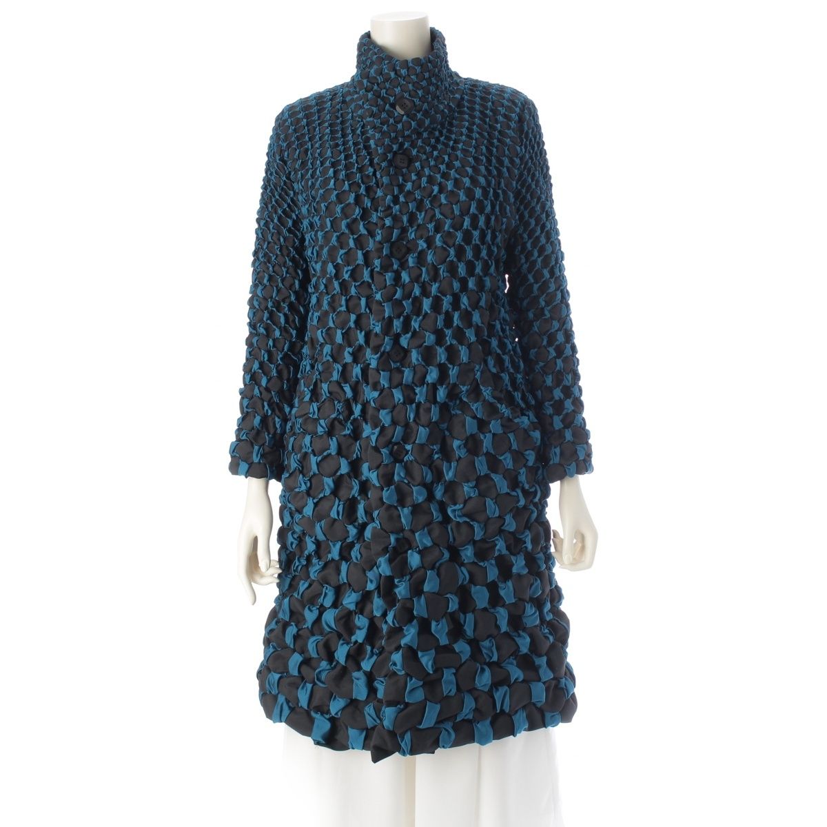 イッセイミヤケ 16AW 3D スチーム プリーツ フリル リボンデザイン スタンド コート ジャケット IM63FA002 ブラック ターコイズ 2