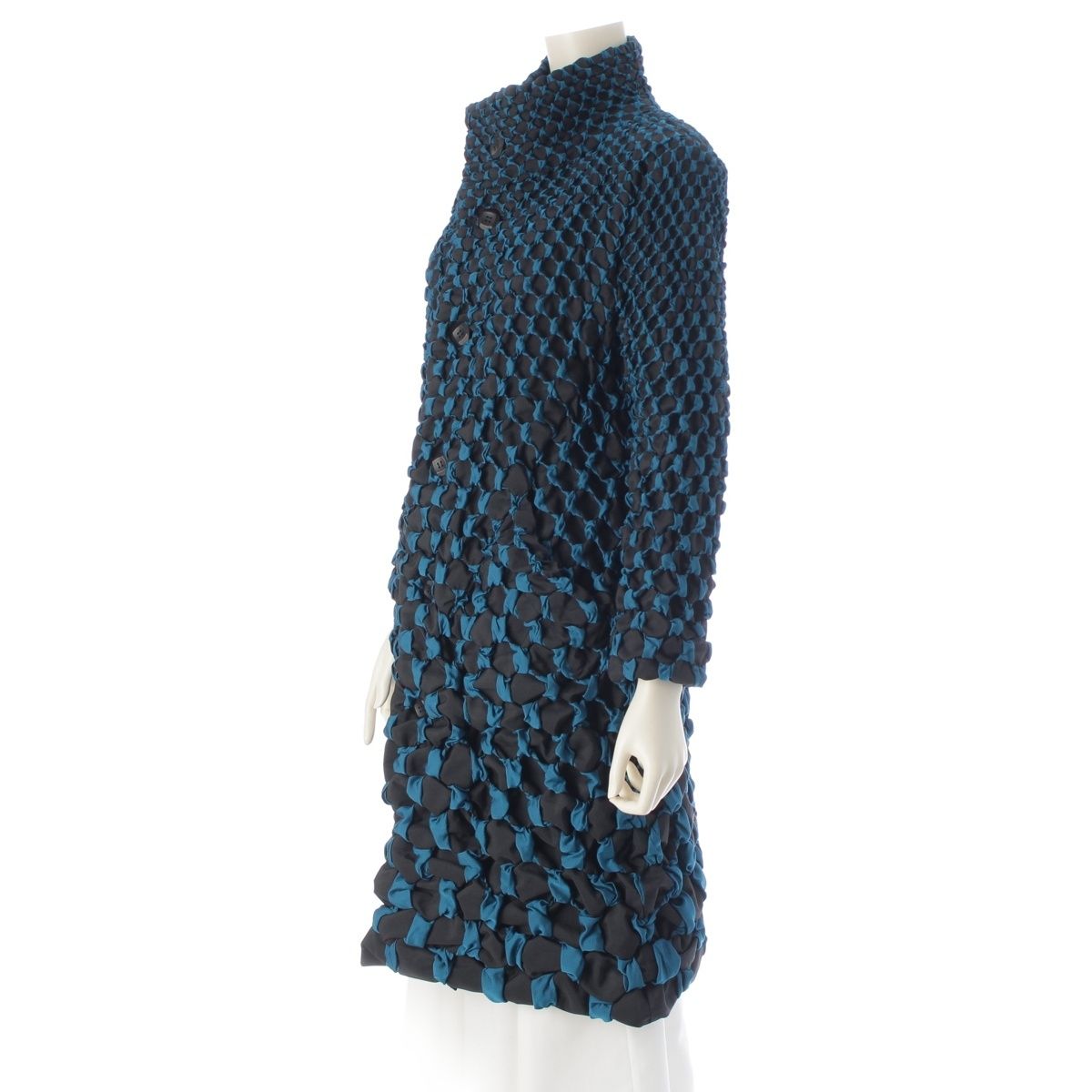 イッセイミヤケ 16AW 3D スチーム プリーツ フリル リボンデザイン スタンド コート ジャケット IM63FA002 ブラック ターコイズ 2