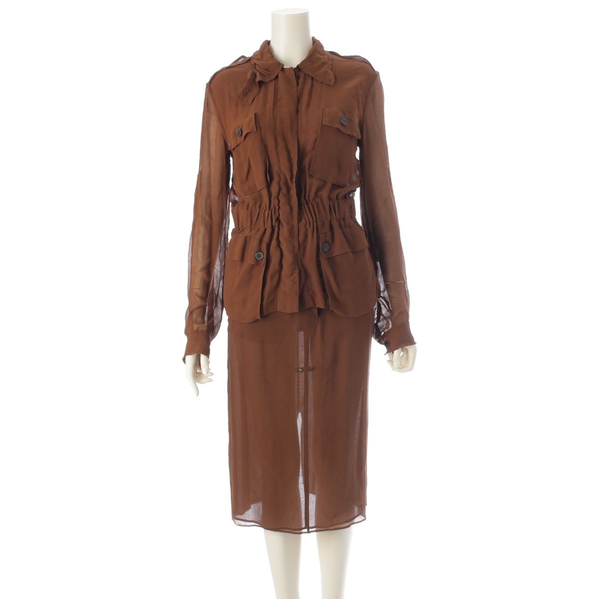 イヴ サンローラン シルク ヴィンテージ シアー ジャケット スカートセットアップ ブラウン 34