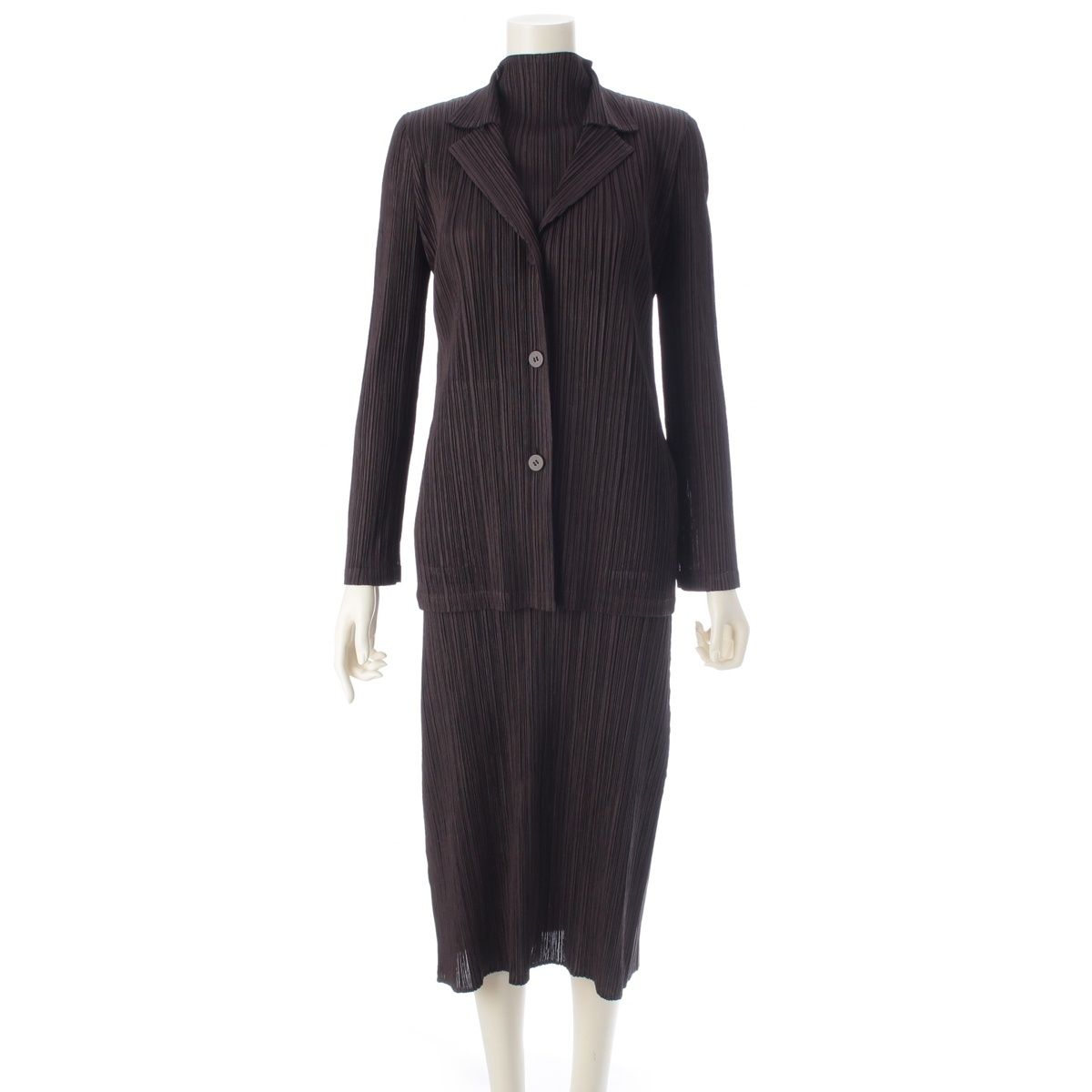 プリーツプリーズ イッセイミヤケ 18年 長袖 ジャケット ボトルネック ノースリーブ ワンピースセットアップ PP83-JD431 PP83-JH433 ブラウン 3 4