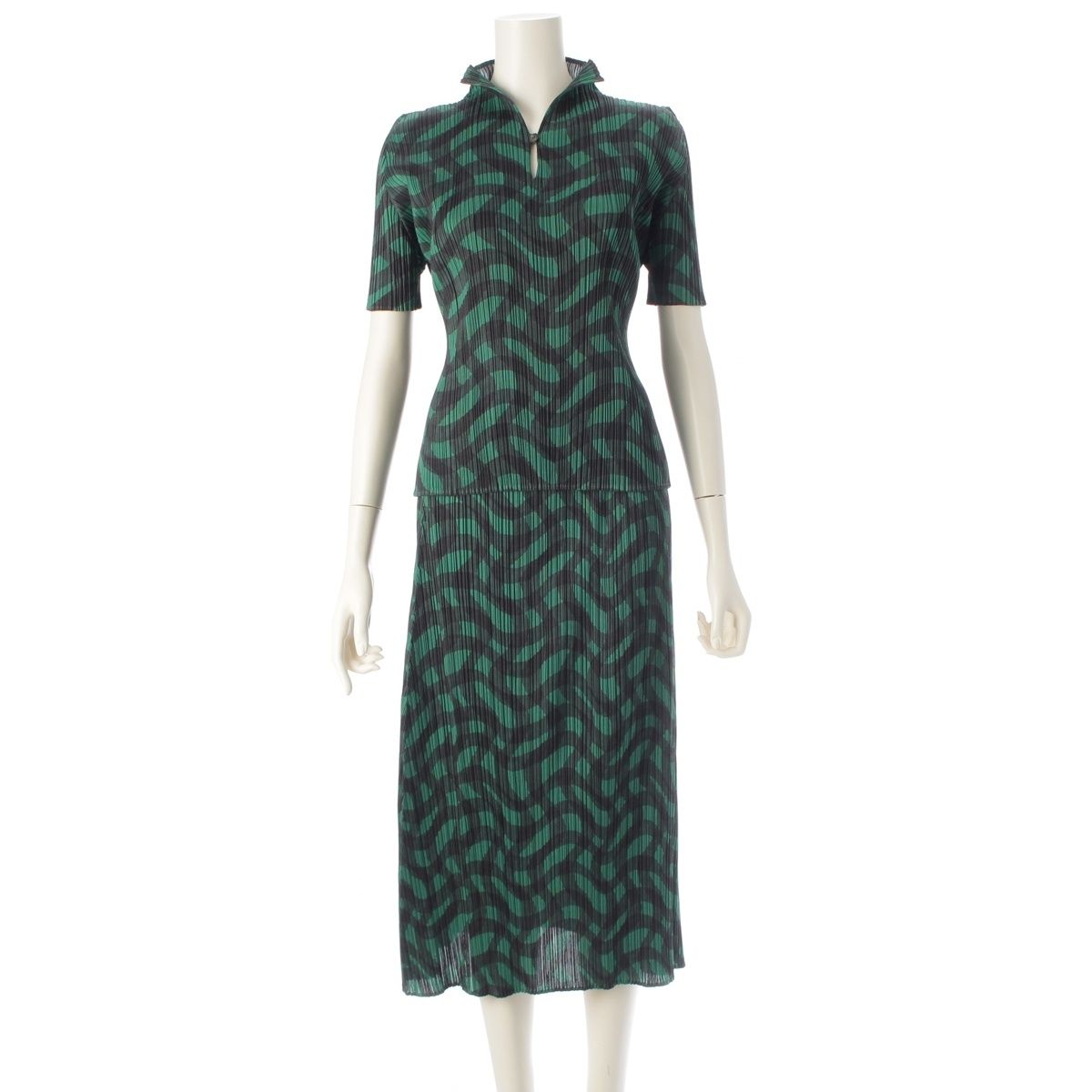 プリーツプリーズ イッセイミヤケ 17年 総柄 半袖 トップス ロング スカートセットアップ PP73-JK781 PP73-JG784 グリーン×ブラック 3 2