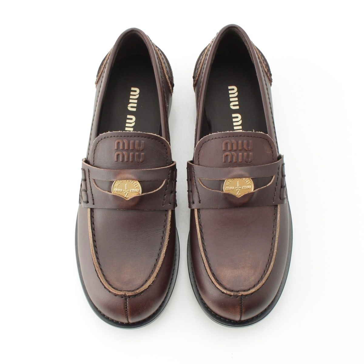 ミュウミュウ レザー ヴィンテージ加工 ペニー コイン ローファー シューズ ダークブラウン 38