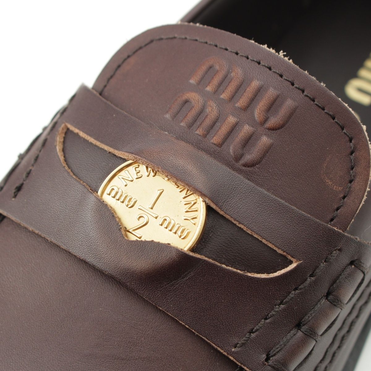  ミュウミュウ レザー ヴィンテージ加工 ペニー コイン ローファー シューズ ダークブラウン 38 ローファー 革靴 靴