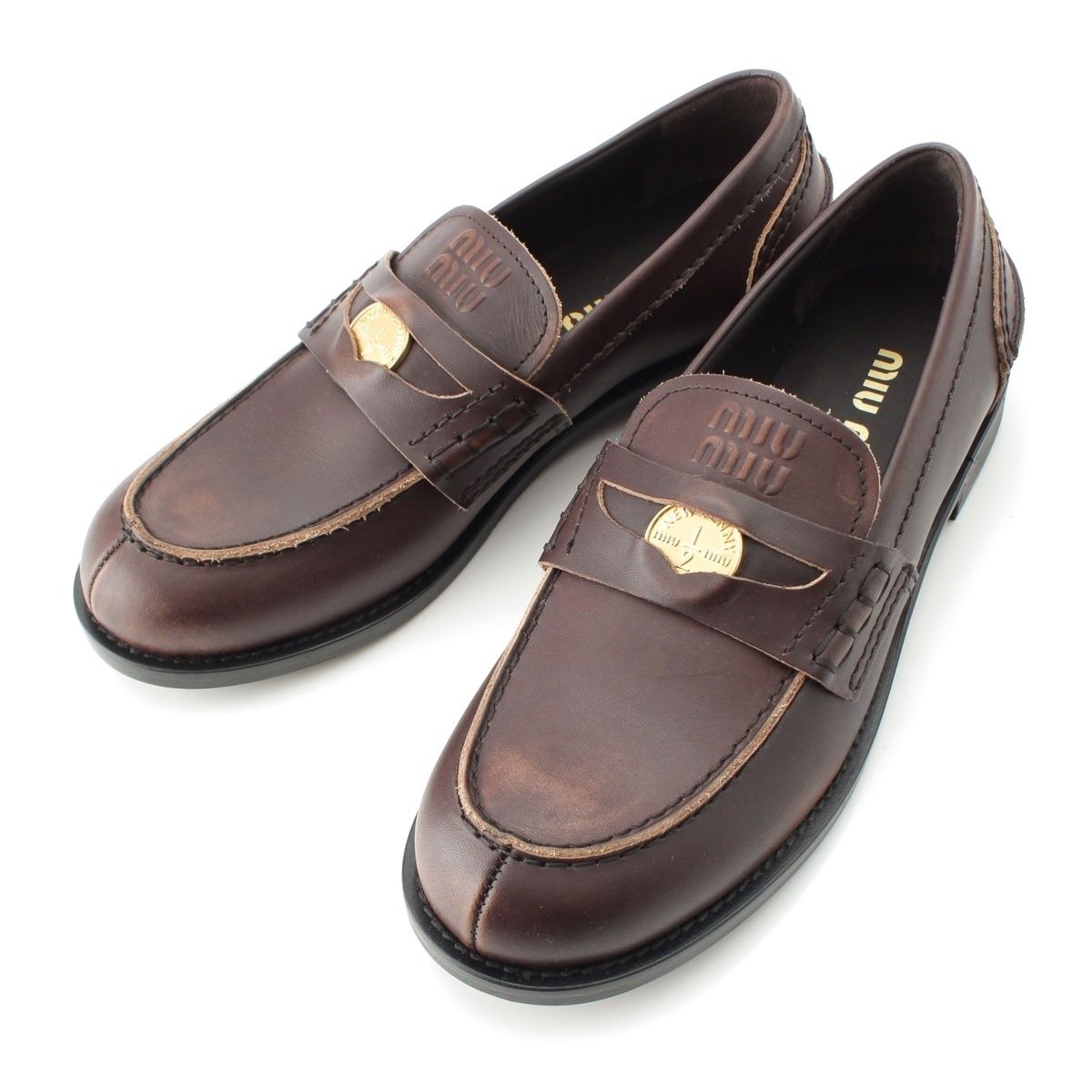 ミュウミュウ レザー ヴィンテージ加工 ペニー コイン ローファー シューズ ダークブラウン 38