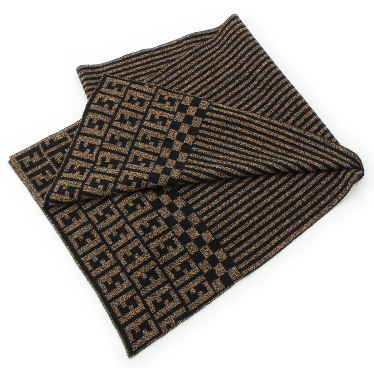 フェンディ メリノウール ストライプ ズッカ マフラー ブラック×ブラウン 42