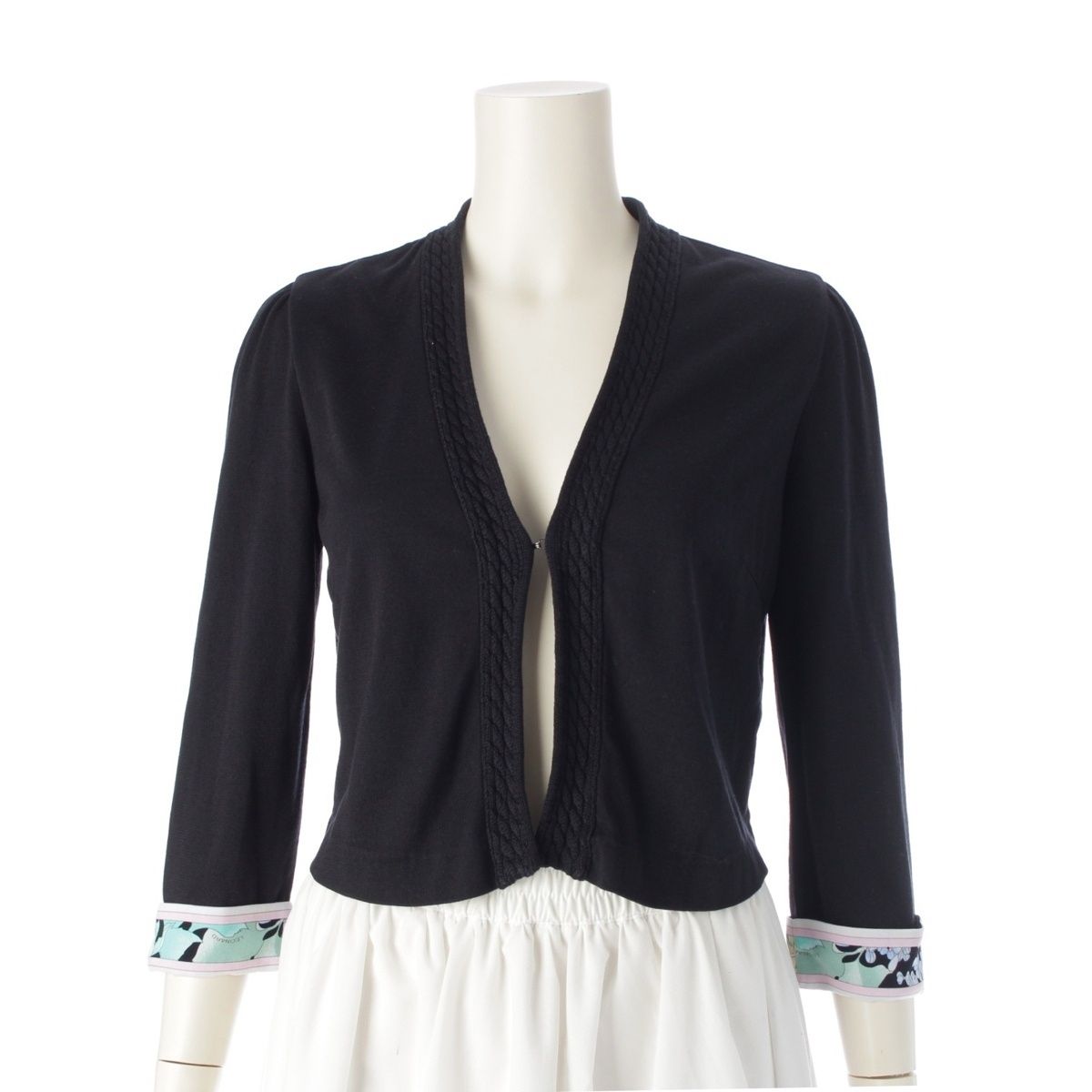 レオナール 花柄 袖口切替 ボレロ カーディガン ブラック系 36