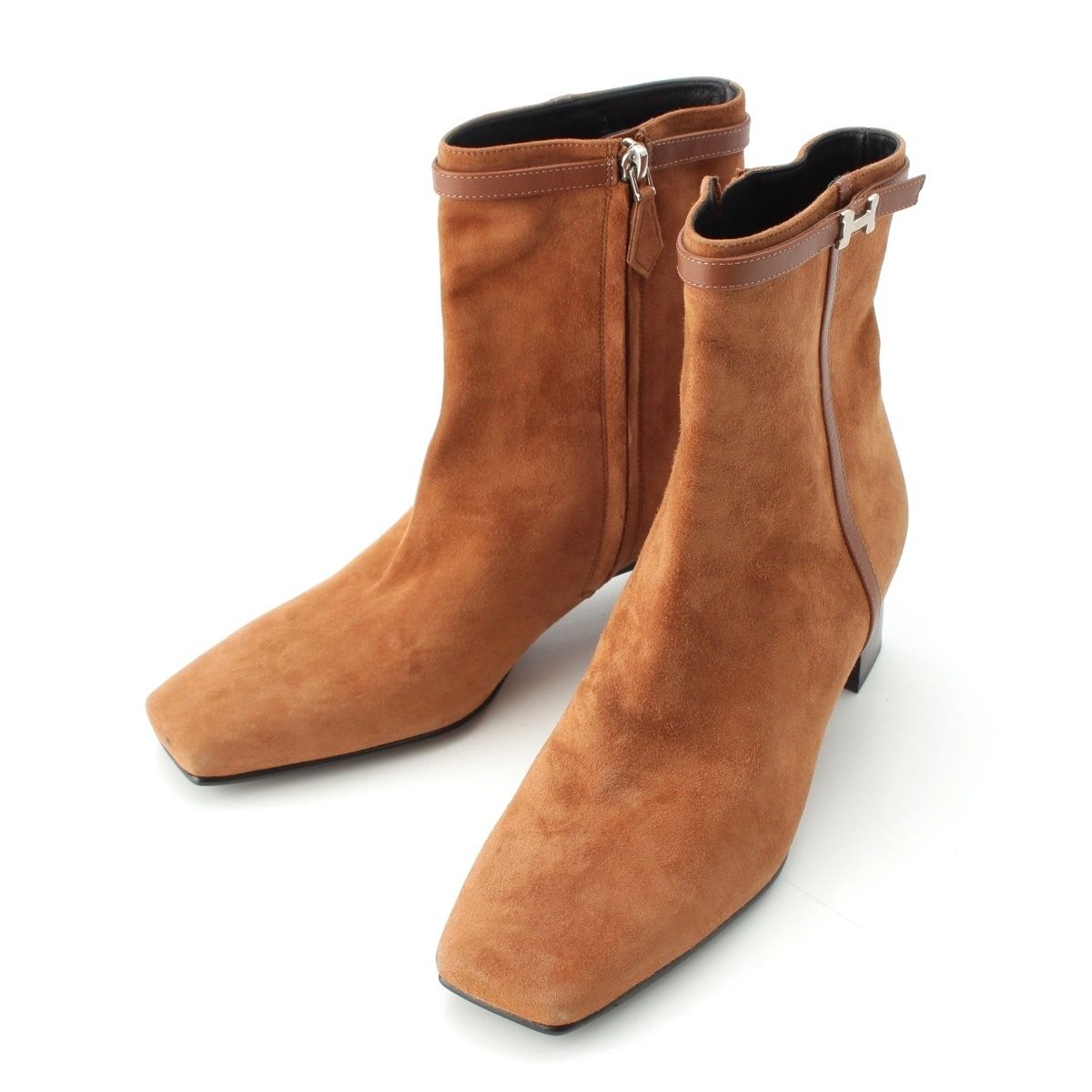 エルメス オマージュ スウェード Hバックル スクエアトゥ ショート ブーツ シューズ ブラウン 37 1 2