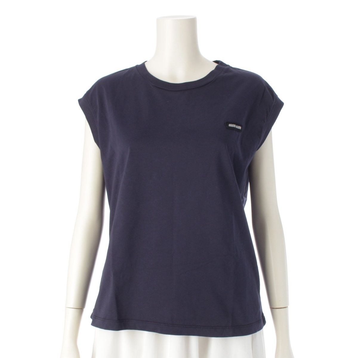 ミュウミュウ 24年 コットン ロゴ ノースリーブ Tシャツ トップス カットソー MJE15 ネイビー S